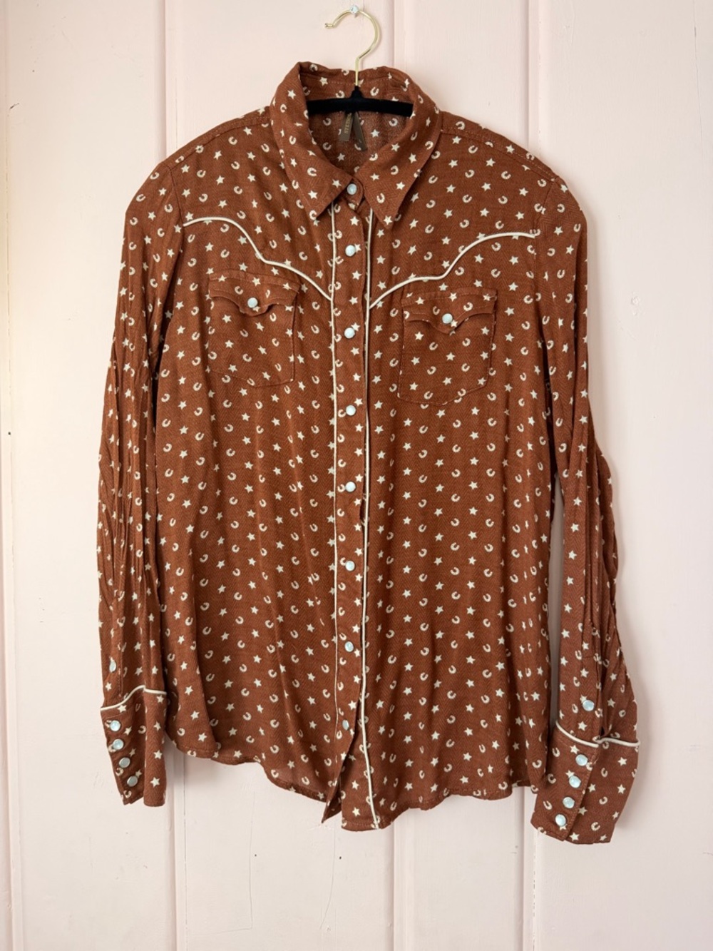Stetson women’s Western-Style Snap Shirt with White horseshoe/Star Print SzLarge